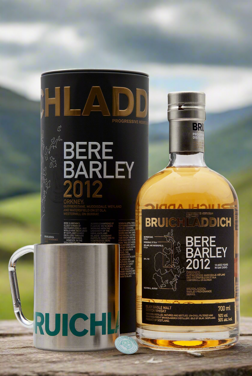 Bruichladdich Bere Barley 2012 with Branded Camping Mug & Pin